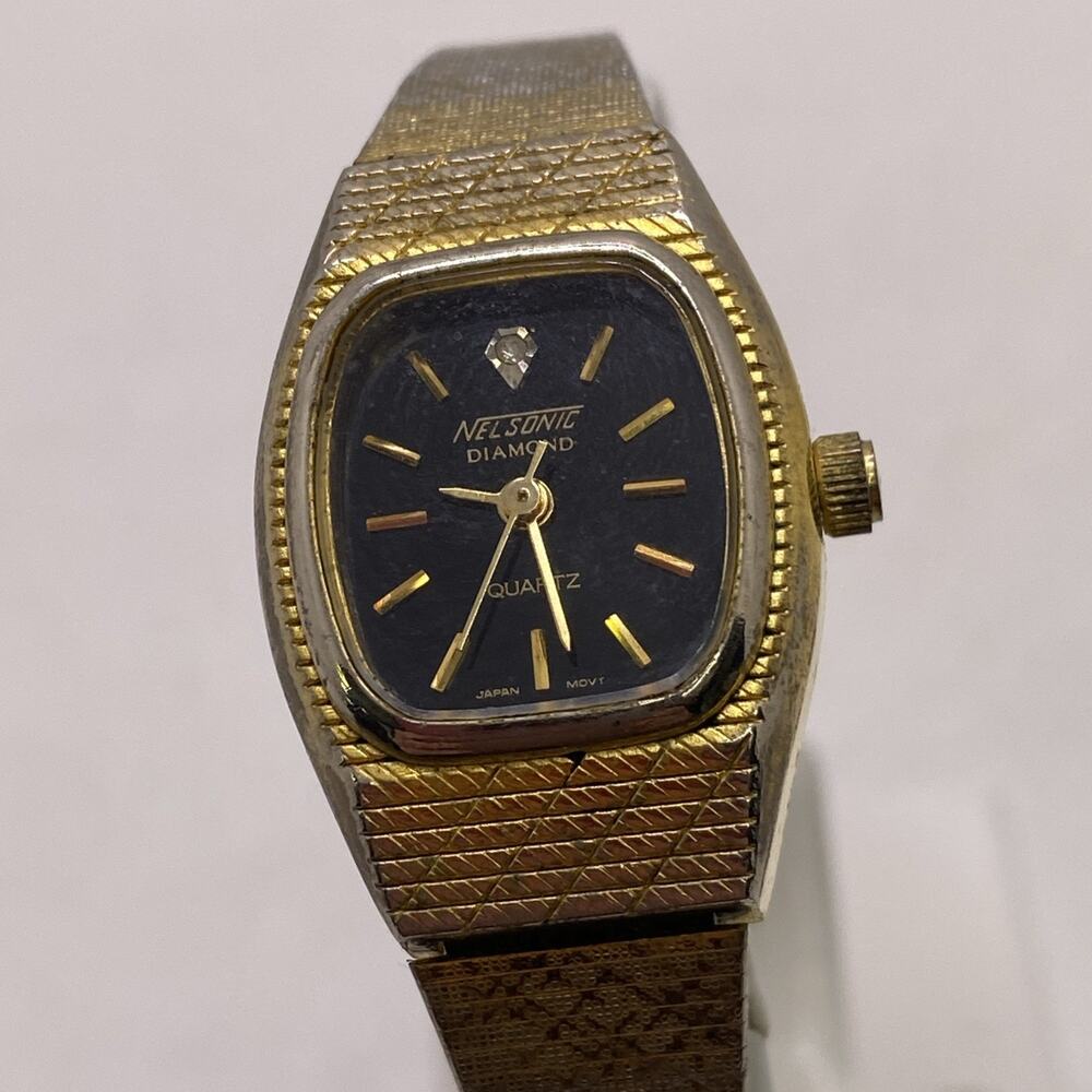 Nelsonic Diamond Vintage Womens Gold Tone Watch Works New Battery